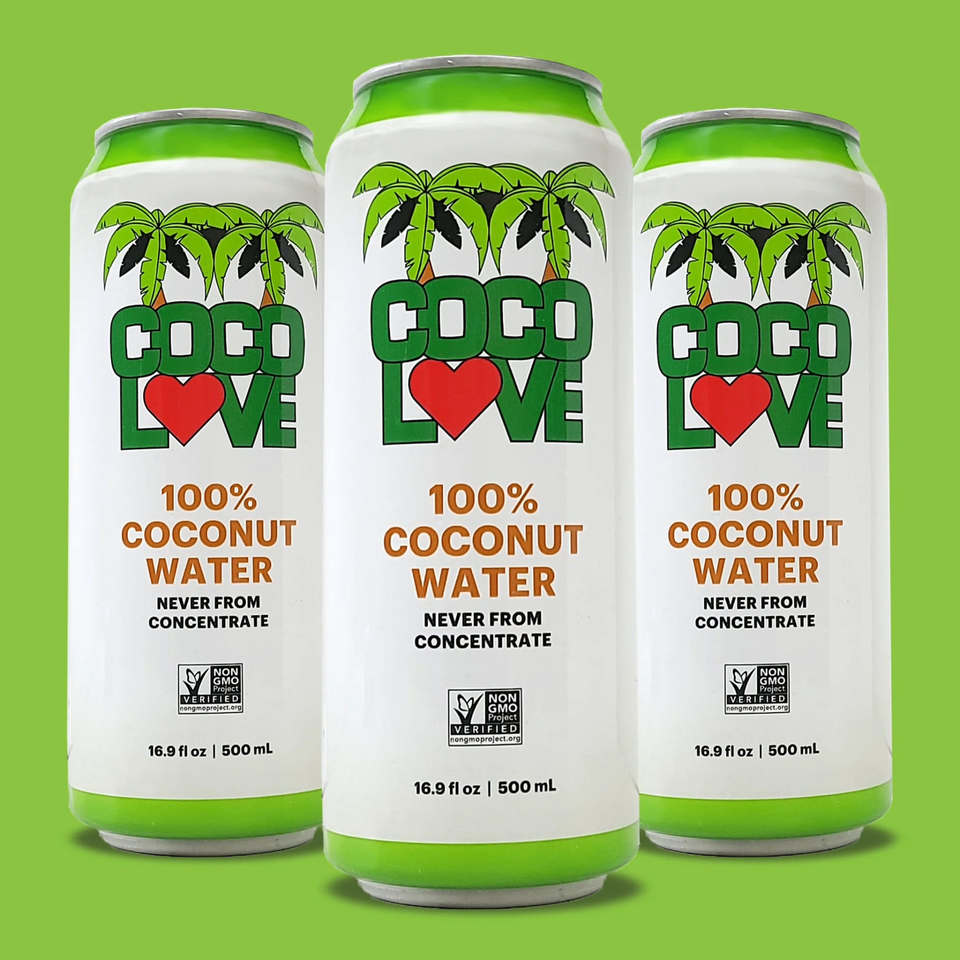 Three Coco Love Water 16.9 fluid ounce cans
