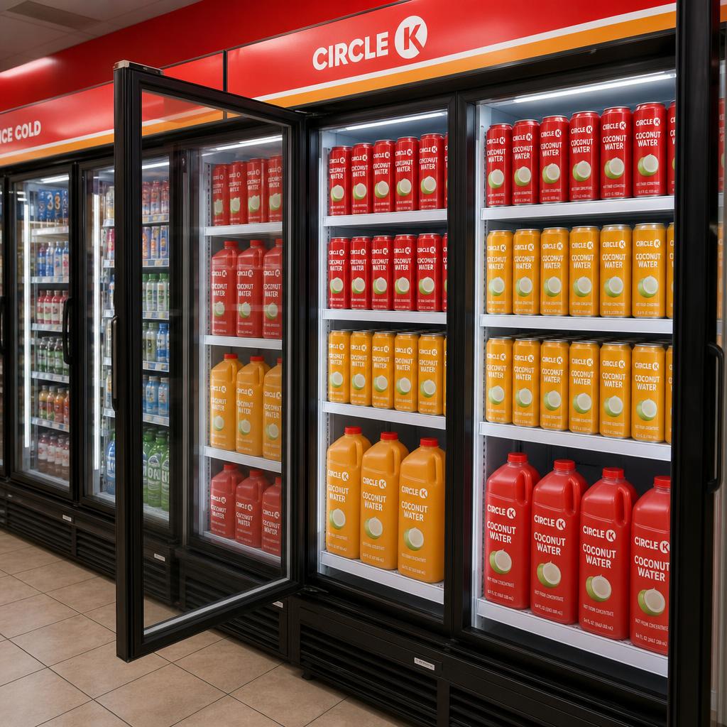 Circle K Coconut Water red and yellow packaging merchandised across a convenience-store cooler wall