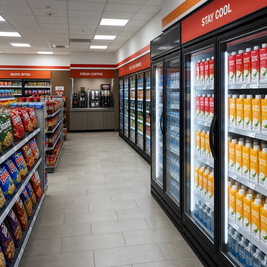 Circle K convenience store interior with branded snack aisles and full grab-and-go beverage coolers