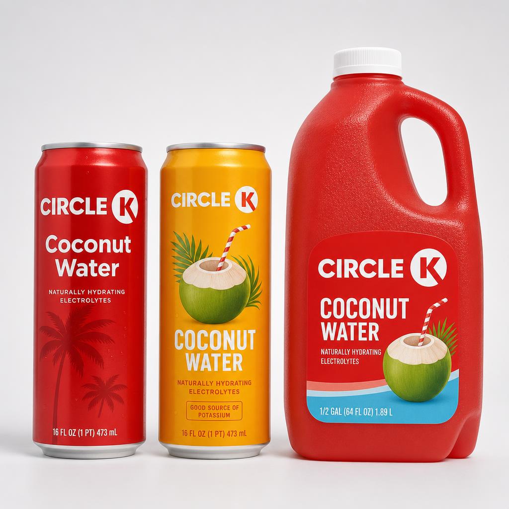 Circle K Coconut Water full size lineup — 8oz, 12oz, 16oz, 1L, and half gallon
