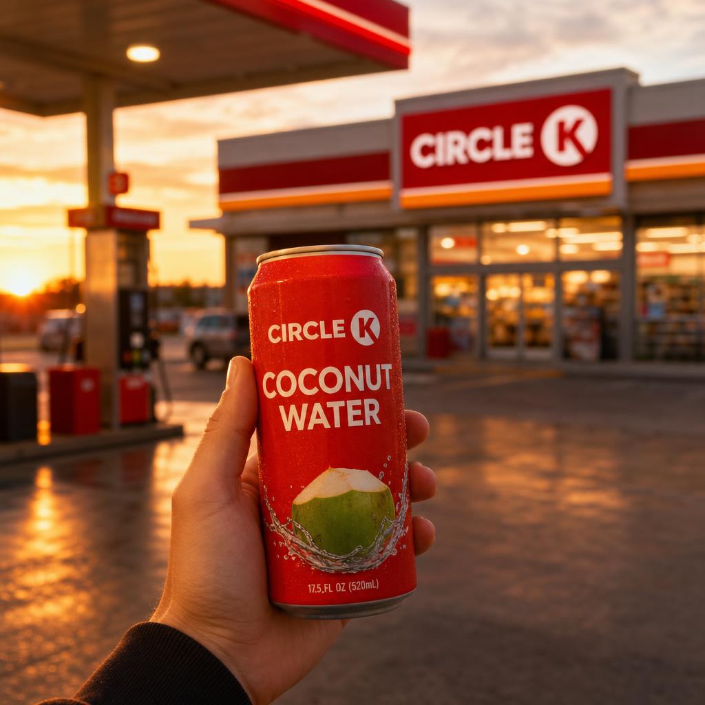 Circle K Coconut Water red and yellow cans with a fresh coconut outside a Circle K store